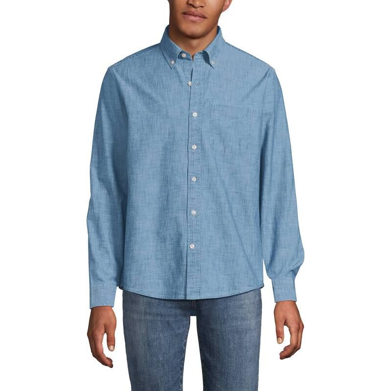 ランズエンド レディース トップス Tシャツ ダウン Mens Lands End Long Sleeve Chambray ButtonDown Shirt Indigo Chambray インディゴ