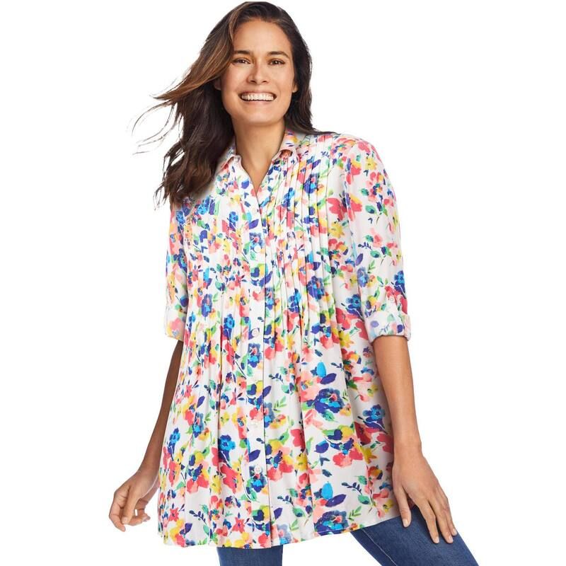 ウーマン ウィズイン レディース トップス Tシャツ プラスサイズ ブラウス Woman Within Plusize Rayon Pintucked Effortless Tunic Blouse White Watercolor ホワイト