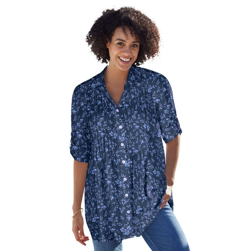ウーマン ウィズイン レディース トップス Tシャツ プラスサイズ ブラウス Woman Within Plusize Rayon Pintucked Effortless Tunic Blouse Navy Floral ネイビー