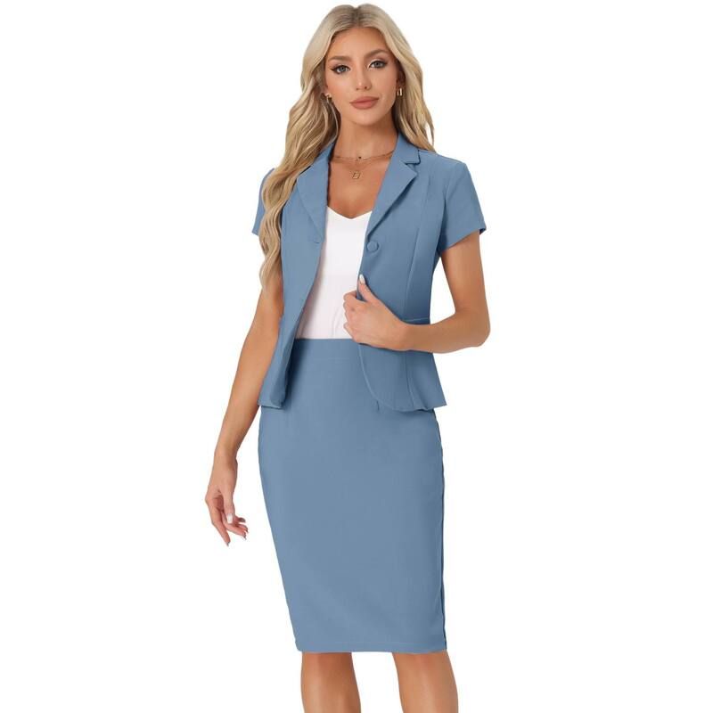 アレグラ ケー レディース トップス ワンピースカート ブレザー ジャケット ALLEGRA K Womens Business 2 Piece Suit Set Short Sleeve Blazer Jacket Pencil Skirt Grey Blu