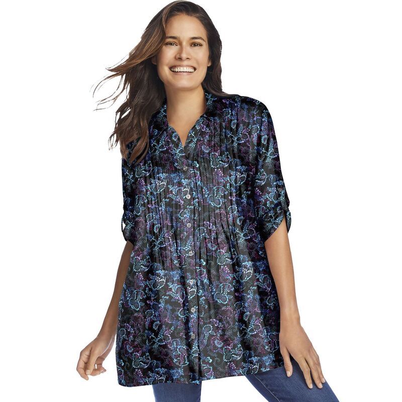 ウーマン ウィズイン レディース トップス Tシャツ プラスサイズ ブラウス Woman Within Plusize Rayon Pintucked Effortless Tunic Blouse Black Multi Batik ブラック