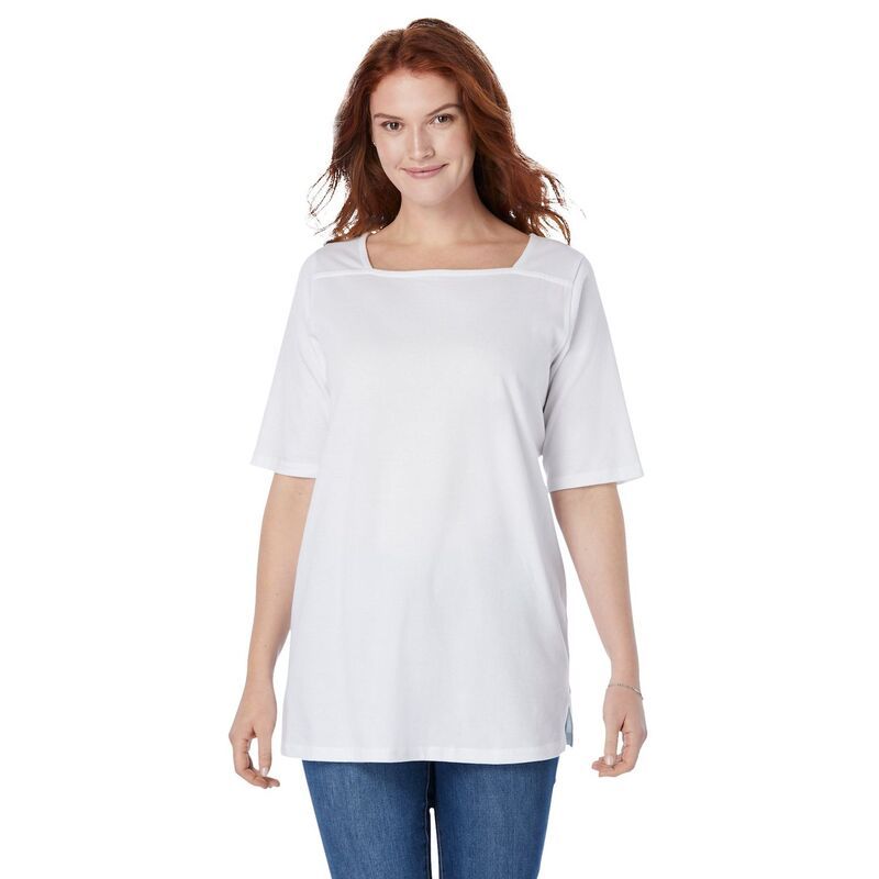 ウーマン ウィズイン レディース トップス Tシャツ プラスサイズ Woman Within Plusize Perfect ElbowSleeve SquareNeck Tee White ホワイト