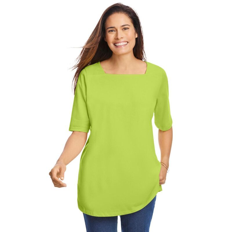 ウーマン ウィズイン レディース トップス Tシャツ プラスサイズ Woman Within Plusize Perfect ElbowSleeve SquareNeck Tee Lime ライム