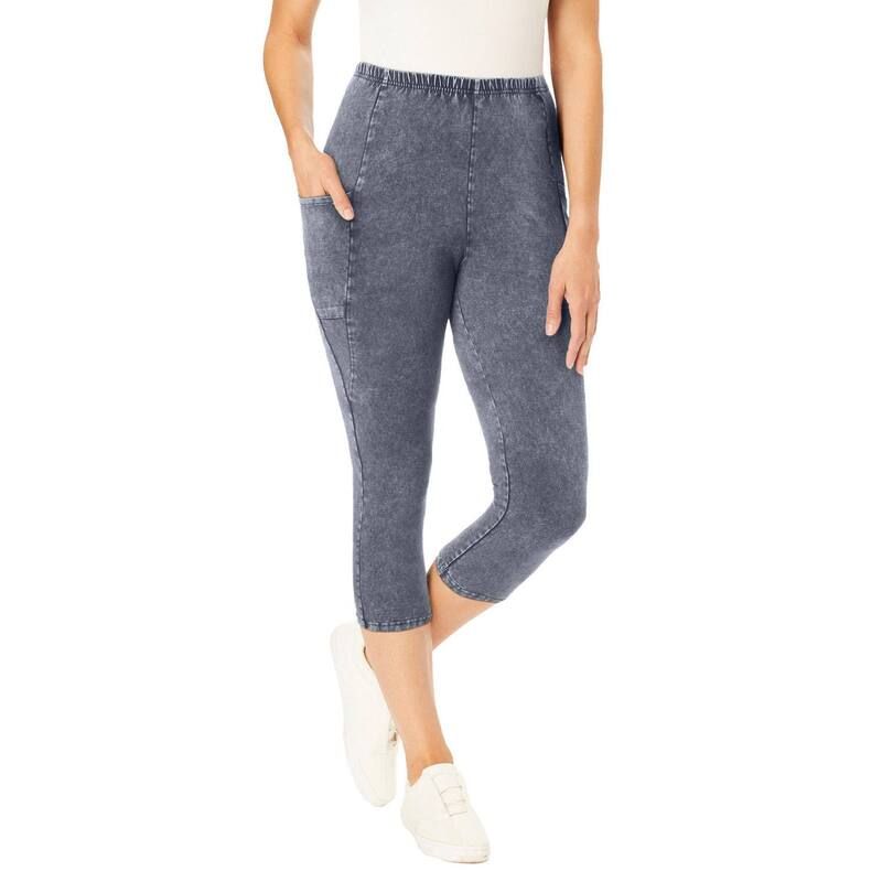 ウーマン ウィズイン レディース ボトムス カジュアルパンツ プラスサイズ コットン キャップ レギンス ニット Woman Within Plusize StretchCotton Knit PullOn Pocket Capri Leggingstone