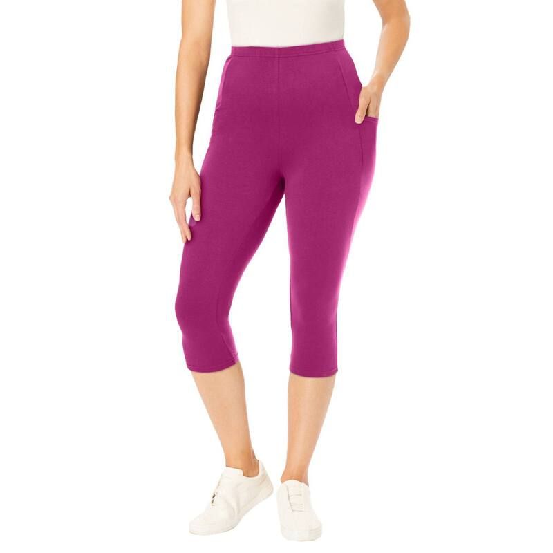 ウーマン ウィズイン レディース ボトムス カジュアルパンツ プラスサイズ コットン キャップ レギンス ニット Woman Within Plusize StretchCotton Knit PullOn Pocket Capri Leggings Rasp