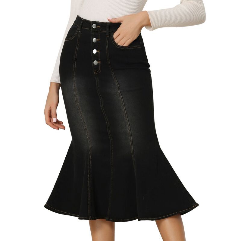 アレグラ ケー レディース ボトムスカート デニム マキシ ALLEGRA K Fishtail Maxi Denim Skirt for Womens Distressed Skirt Black ブラック