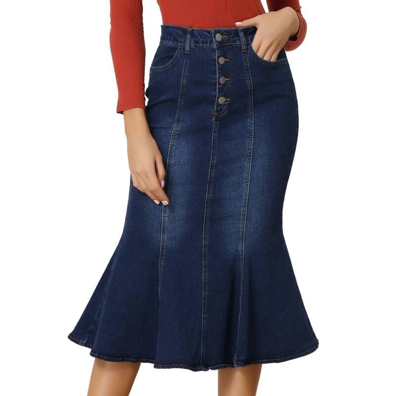 アレグラ ケー レディース ボトムスカート デニム マキシ ALLEGRA K Fishtail Maxi Denim Skirt for Womens Distressed Skirt Dark Blue ブルー