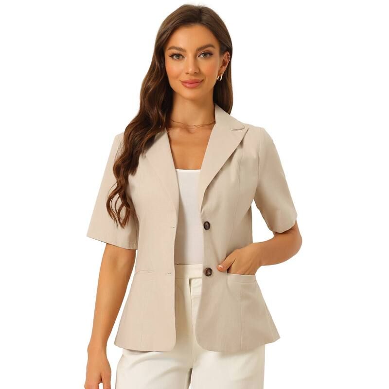 アレグラ ケー レディース アウター ジャケット・ブルゾン コットン ブレザー リネン ALLEGRA K Cotton Linen Blazer For Womens Office Businesshort Sleeve Notched Lapel Blaz