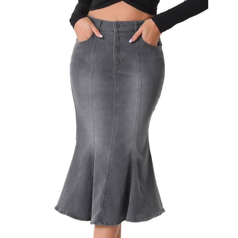 アレグラ ケー レディース ボトムスカート デニム マキシ ALLEGRA K Fishtail Maxi Denim Skirt for Womens Distressed Skirt Grey グレー