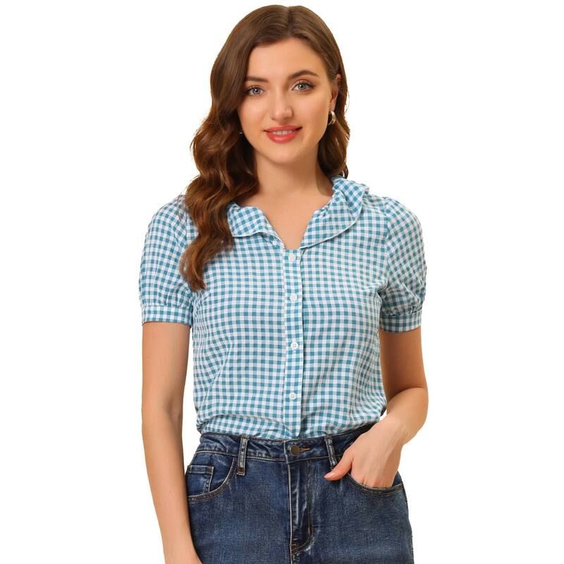 アレグラ ケー レディース トップス シャツ フリル ALLEGRA K Womens Peter Pan Collar Short Sleeve Ruffle Plaid Shirtop Blue ブルー
