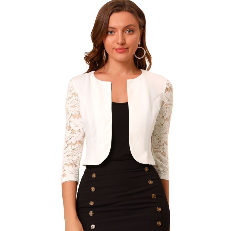 アレグラ ケー レディース アウター ニット・セーター カーディガン レース ALLEGRA K Womens Leisure Lace 34 Sleeve Crop Shrug Cardigan White ホワイト
