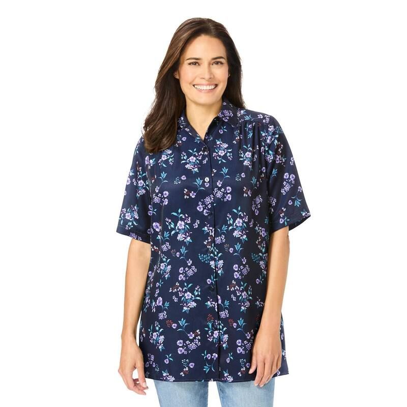 ウーマン ウィズイン レディース トップス シャツ プラスサイズ Woman Within Plusize No Iron Short Sleeve Peachskin Shirt Navy Floral ネイビー