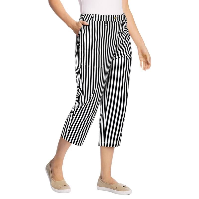 ウーマン ウィズイン レディース ボトムス カジュアルパンツ プラスサイズ キャップ Woman Within Plusize Adjustable Waist Chino Capri Black Stripe ブラック