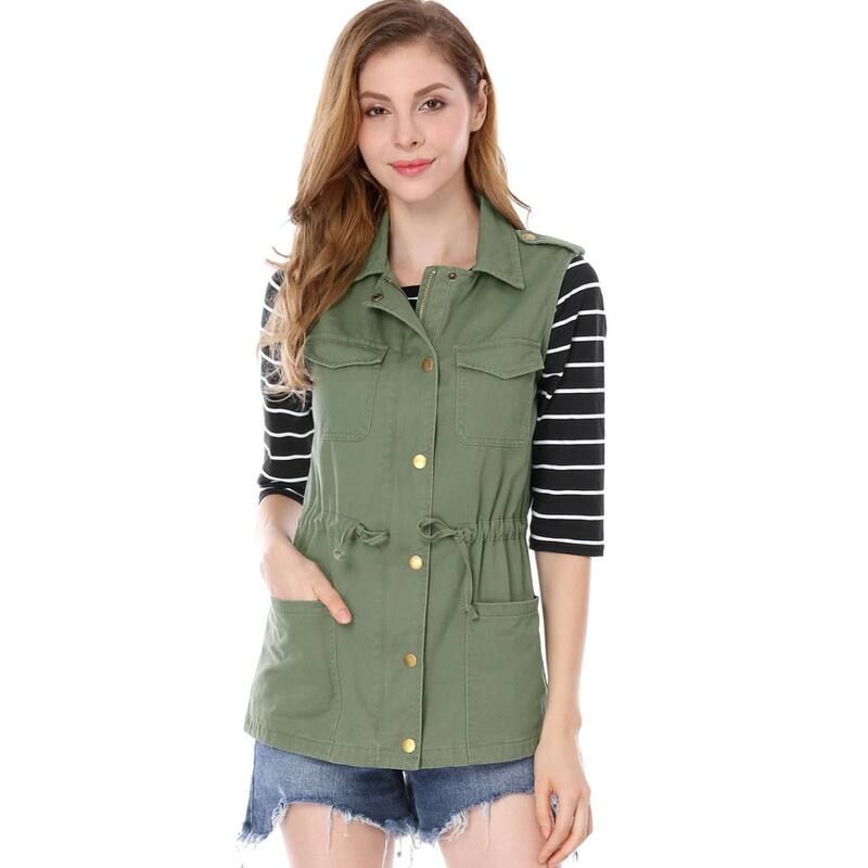 アレグラ ケー レディース アウター ジャケット・ブルゾン ドローコードウエスト ベスト ノースリーブ ALLEGRA K Womensleeveless Zip Up Drawstring Waist Cargo Vest Jacket Green グリーン