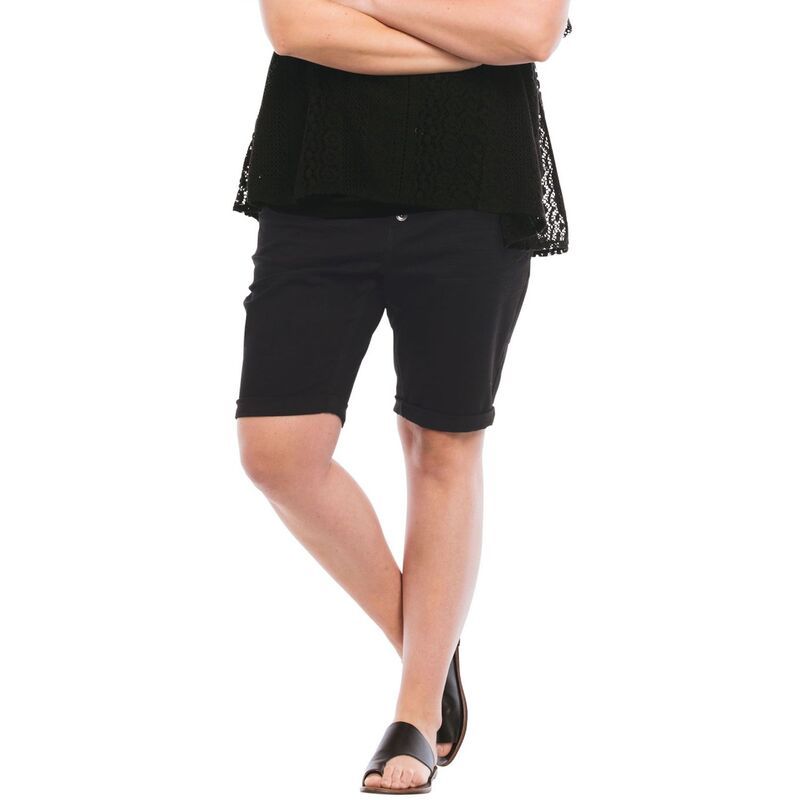 Ellos レディース ボトムス ハーフパンツ・ショーツ プラスサイズ ショートパンツ デニム ellos Plusize MidRise ButtonFront Stretch Denim Shorts Black ブラック