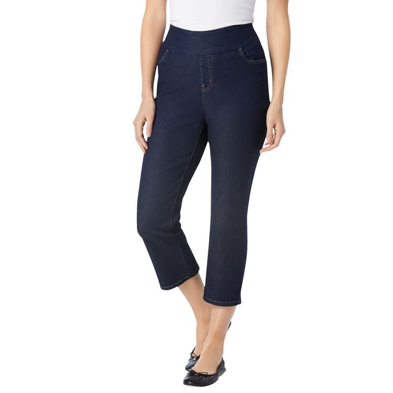 ウーマン ウィズイン レディース ボトムス カジュアルパンツ プラスサイズ プチ デニム キャップ ジーンズ Woman Within Plusize Petite PullOn ElasticWaistretch Denim Capri Jeans Indi