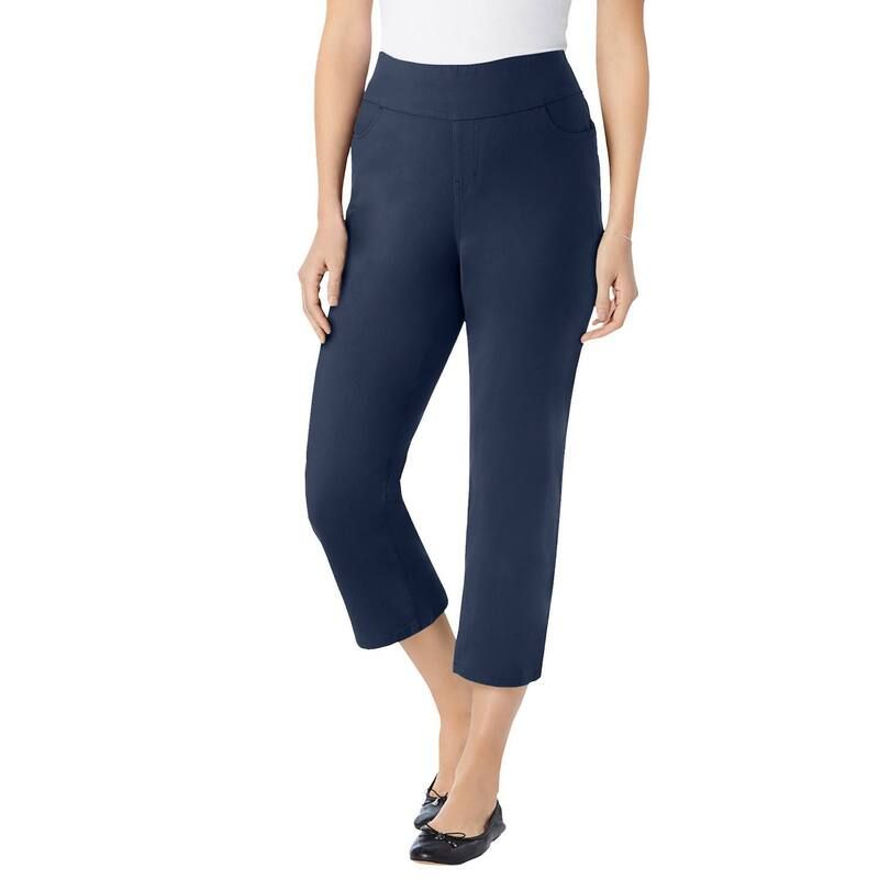 ウーマン ウィズイン レディース ボトムス カジュアルパンツ プラスサイズ プチ デニム キャップ ジーンズ Woman Within Plusize Petite PullOn ElasticWaistretch Denim Capri Jeans Navy