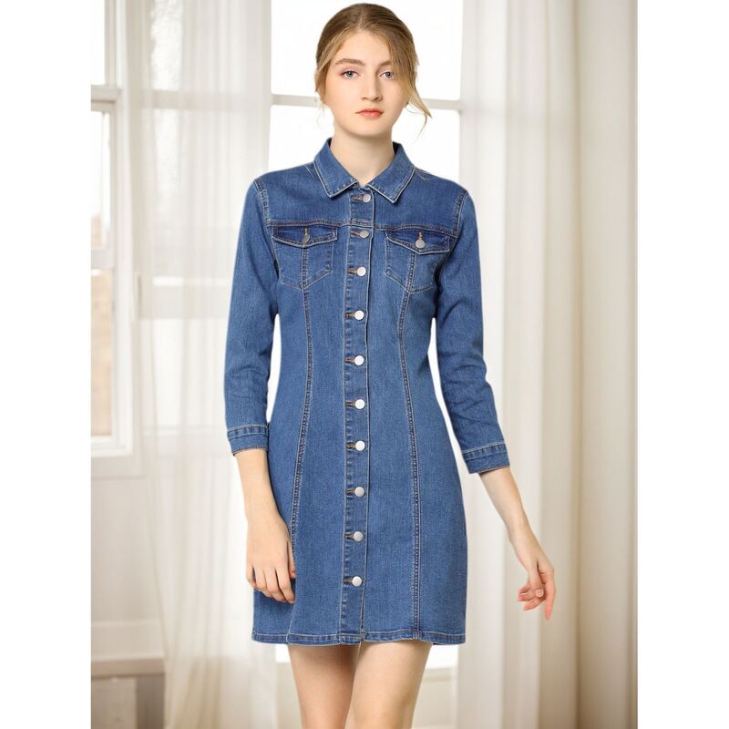 アレグラ ケー レディース トップス ワンピースリムフィット ボタンダウン シャツ ダウン デニム ALLEGRA K Womens 34 Sleeve Button Down Denim Slim Fit Shirt Dress Light Blue ブルー