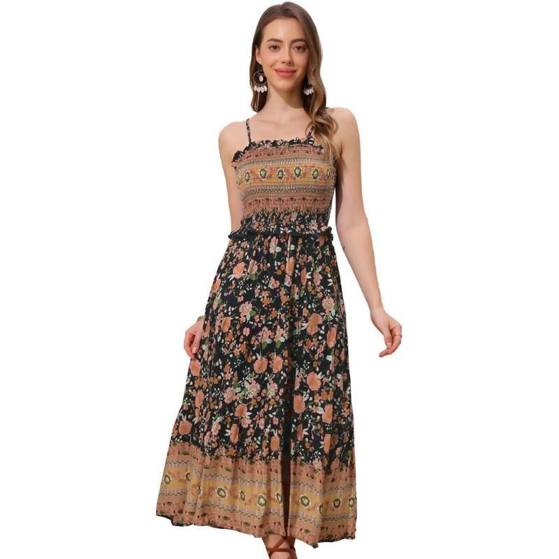アレグラ ケー レディース トップス ワンピース A ライン フラワー柄 シャーリング マキシ フラワー ALLEGRA K Boho Floral Dresses For Women Summer Spaghetti Strap Aline Flowy Sm