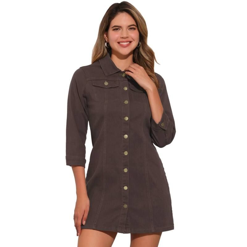 アレグラ ケー レディース トップス ワンピースリムフィット ボタンダウン シャツ ダウン デニム ALLEGRA K Womens 34 Sleeve Button Down Denim Slim Fit Shirt Dress Dark Brown ブラウ