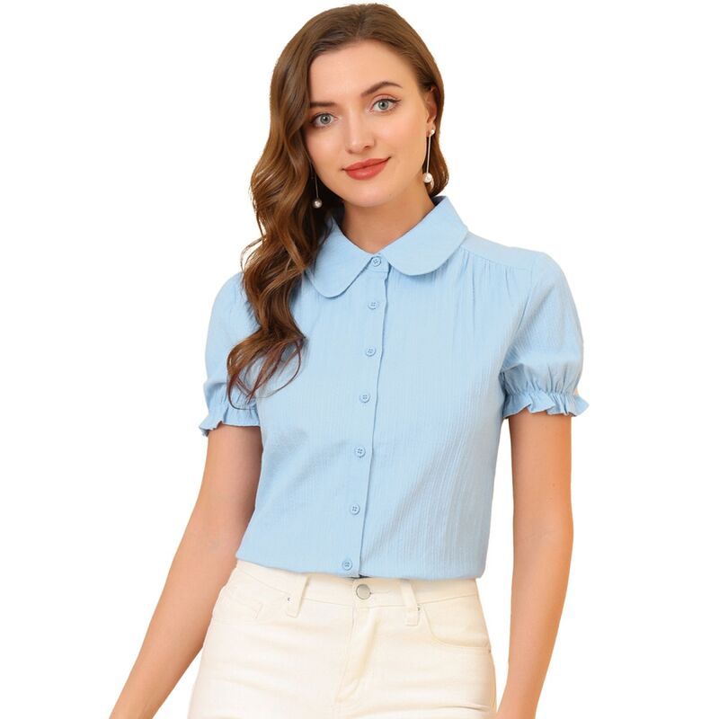 アレグラ ケー レディース トップス シャツ コットン ダウン ブラウス ALLEGRA K Womens Cotton Frilled Top Turndown Collar Solid Blouse Light Blue ブルー