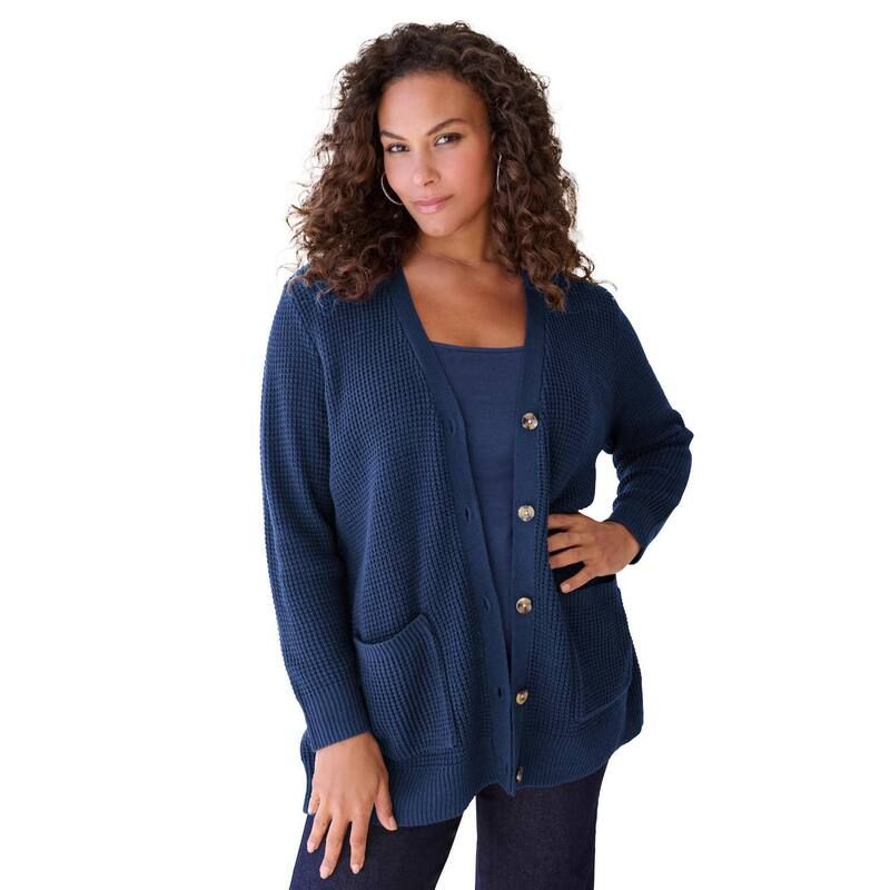 ロアマンズ レディース アウター ニット・セーター プラスサイズ カーディガン Roamans Womens Plusize Waffle Button Front Cardiganavy ネイビー