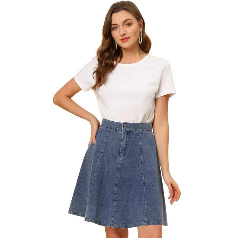 アレグラ ケー レディース ボトムスカート A ライン ハイウエスト プリーツ ミディ デニム ALLEGRA K Womens Casual High Waist ALine Flared Pleated Midi Denim Skirt Light Blu