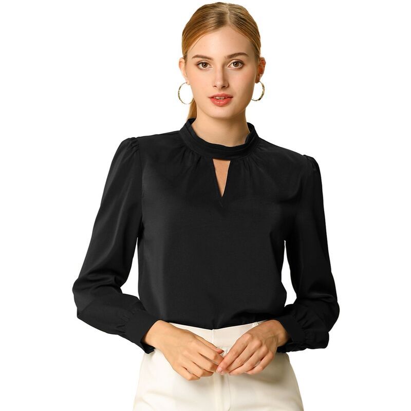アレグラ ケー レディース トップス シャツ プリーツ ブラウス ALLEGRA K Womens Keyhole Stand Collar Pleated Back Button Blouse Tops Black ブラック