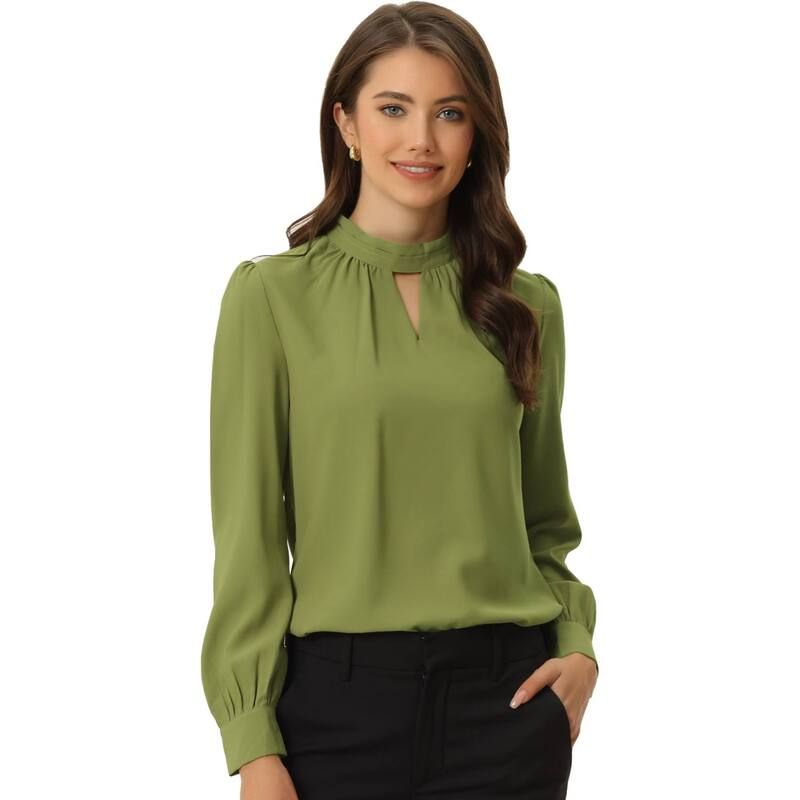 アレグラ ケー レディース トップス シャツ プリーツ ブラウス ALLEGRA K Womens Keyhole Stand Collar Pleated Back Button Blouse Tops Avocado Green グリーン