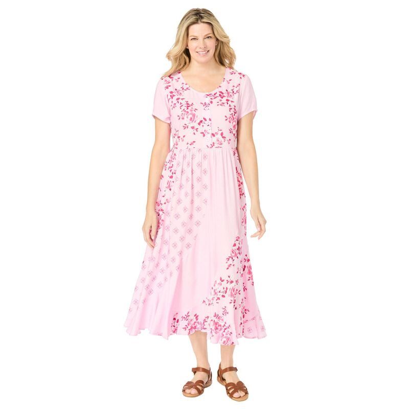 ウーマン ウィズイン レディース トップス ワンピース プラスサイズ プリント マキシ Woman Within Plusize Mixed Print Maxi Dress Pink Pretty Rose ピンク