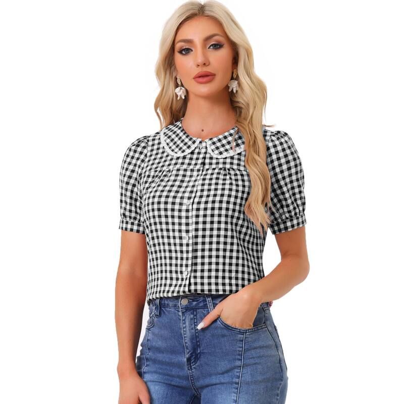 アレグラ ケー レディース トップス シャツ コントラスト ブラウス ALLEGRA K Womens Contrast Peter Pan Collar Blouse Short Sleeve Plaid Shirtop Black ブラック