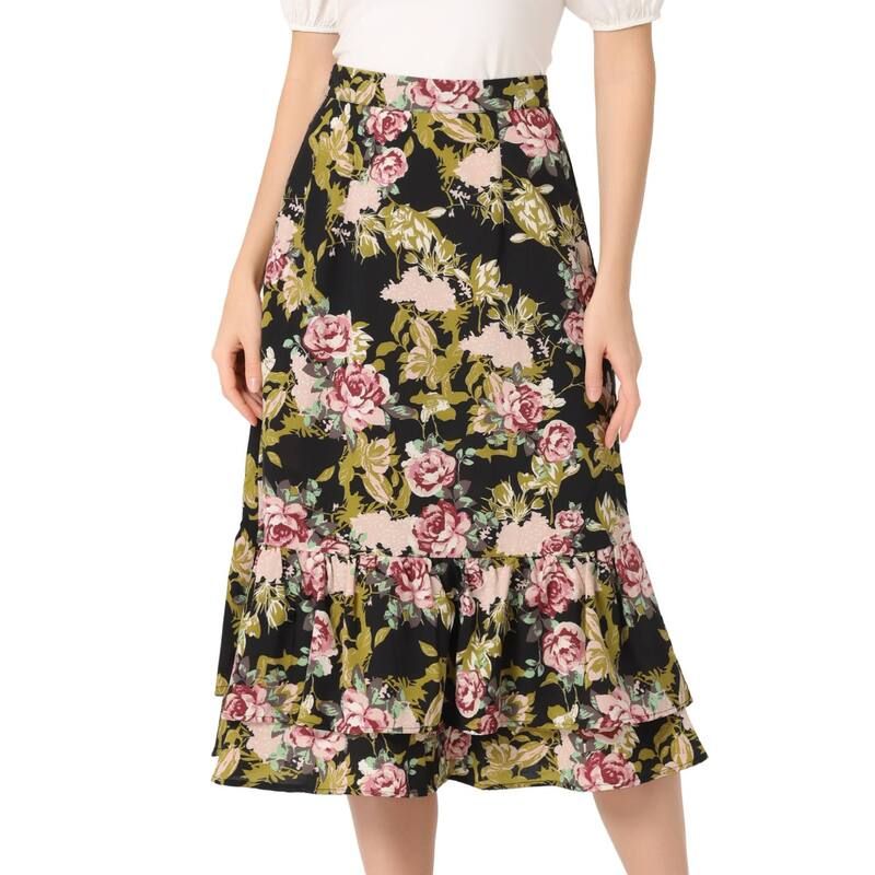 アレグラ ケー レディース ボトムスカート フリル裾 フラワー柄 プリント フリル ミディ フラワー ALLEGRA K Womens Floral Print Elastic Waist Ruffle Hemidi Skirt Black Pink Flor