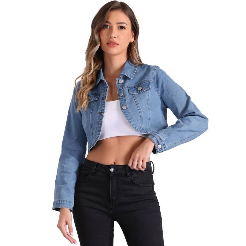 アレグラ ケー レディース アウター ジャケット・ブルゾン ボタンダウン デニム ALLEGRA K Denim Jacket for Womens Collared Button Down Long Sleeve Crop Jean Jackets Ligh