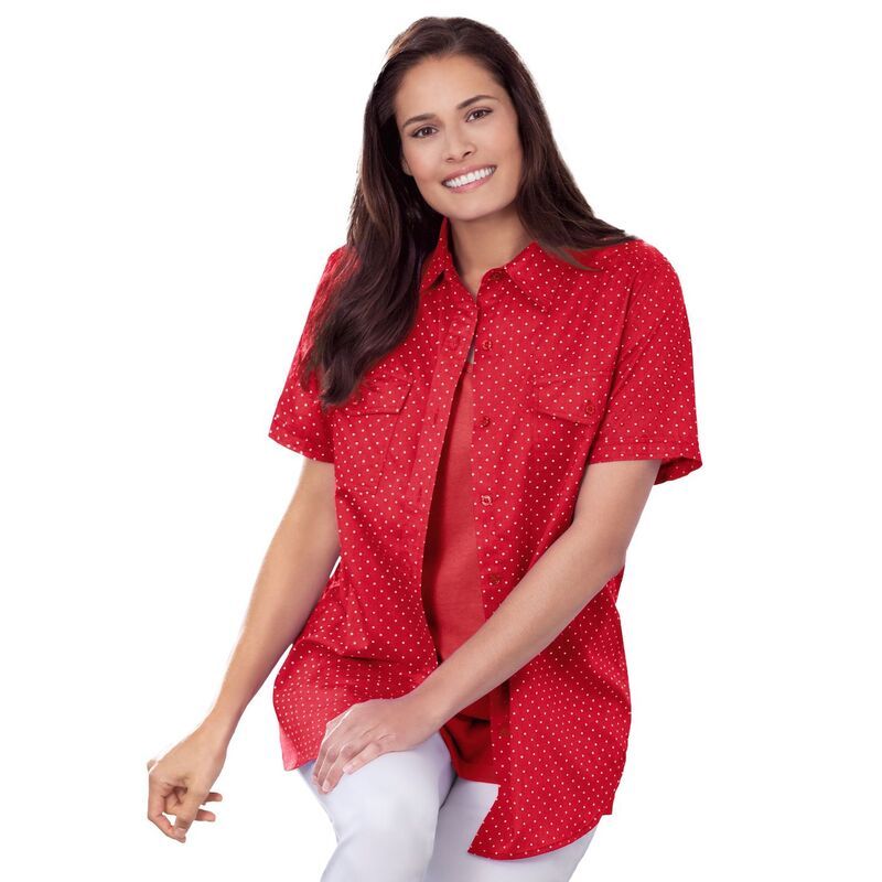 ウーマン ウィズイン レディース トップス シャツ プラスサイズ 半袖 コットン Woman Within Plusize ShortSleeve Cotton Campshirt Vivid Red Mini Dot レッド