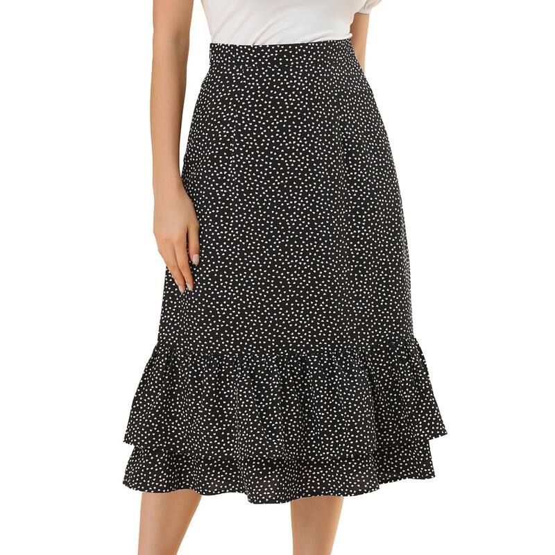 アレグラ ケー レディース ボトムスカート フリル裾 フラワー柄 プリント フリル ミディ フラワー ALLEGRA K Womens Floral Print Elastic Waist Ruffle Hemidi Skirt Black Heart ブラッ