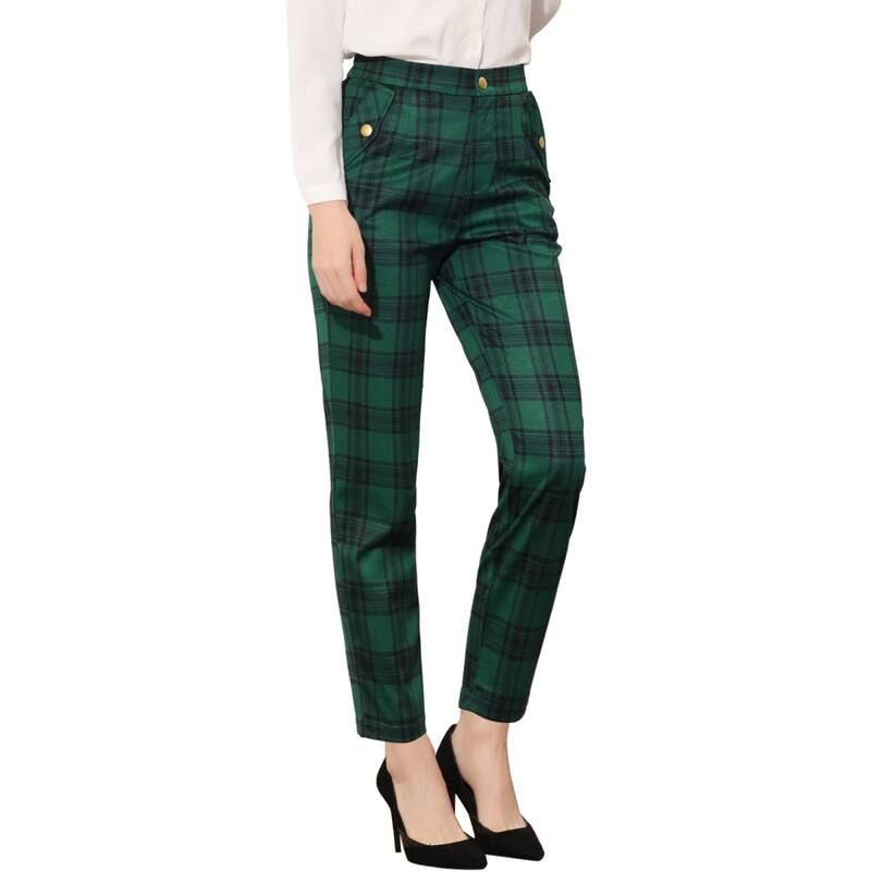 アレグラ ケー レディース ボトムス カジュアルパンツ ハイウエスト ALLEGRA K Womens Tartan Plaid Pants Elastic High Waistraight Long Trousers Green グリーン