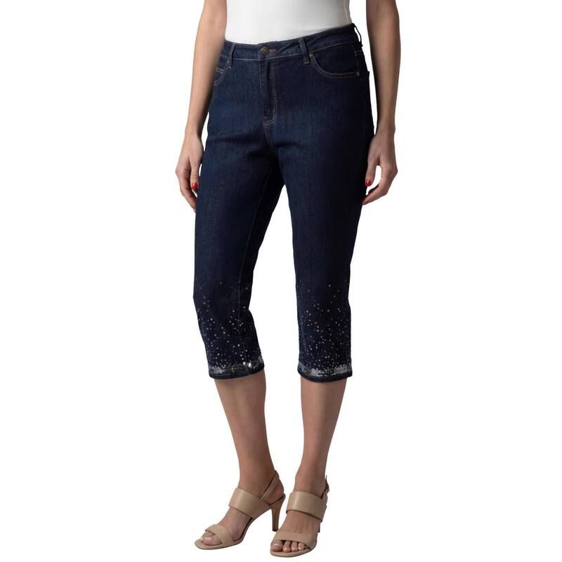 ロアマンズ レディース ボトムス カジュアルパンツ ストレート プラスサイズ スパンコール キャップ Roamans Womens Plusize Sequin Trim Straight Leg Capri Jean Dark Wash Silver シルバ