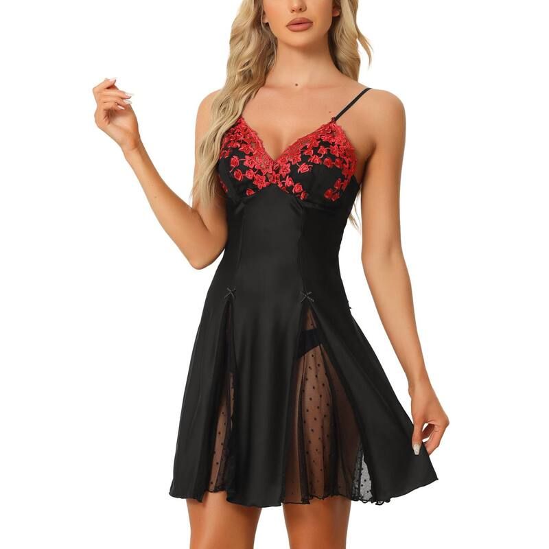 cheibear レディース アンダーウェア ナイトウェア ミニ メッシュ サテン cheibear Womens Lingerie Babydoll Satin Mesh Inset Sweet Nightgown Mini Chemise Dress Bl