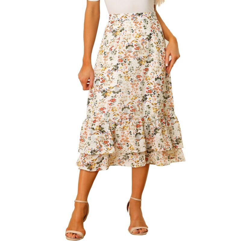 アレグラ ケー レディース ボトムスカート フリル裾 フラワー柄 プリント フリル ミディ フラワー ALLEGRA K Womens Floral Print Elastic Waist Ruffle Hemidi Skirt White Yellow Fl