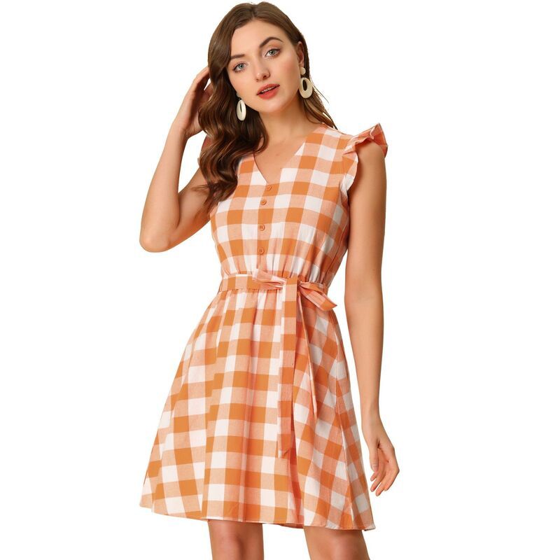 アレグラ ケー レディース トップス ワンピース Vネック フリル ミニ ALLEGRA K Womens V Neck Check Ruffled Sleeve Belted Plaids Mini Dress Orange オレンジ