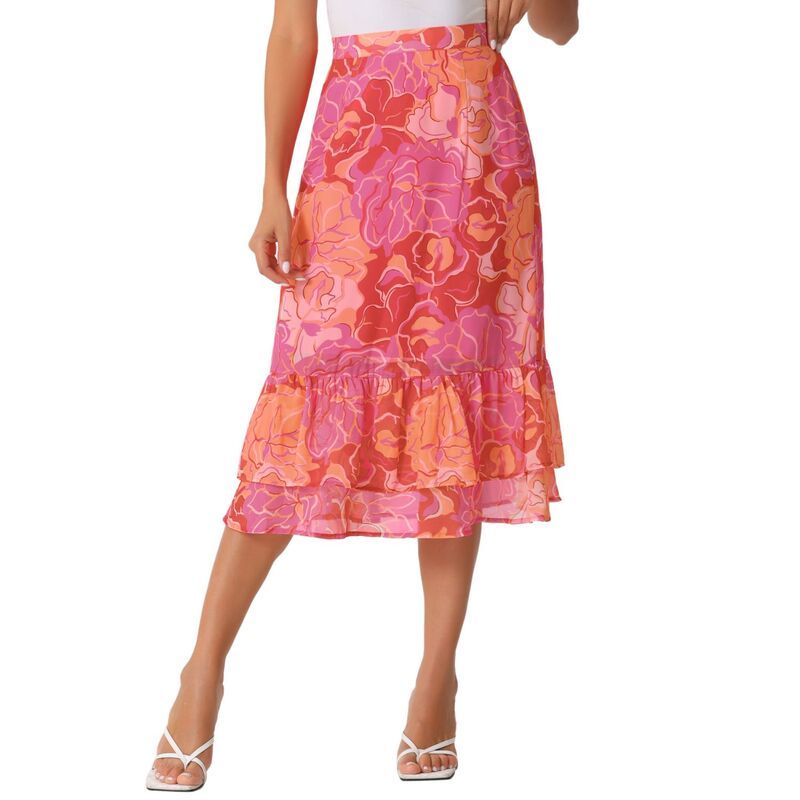 アレグラ ケー レディース ボトムスカート フリル裾 フラワー柄 プリント フリル ミディ フラワー ALLEGRA K Womens Floral Print Elastic Waist Ruffle Hemidi Skirt Hot Pink Floral