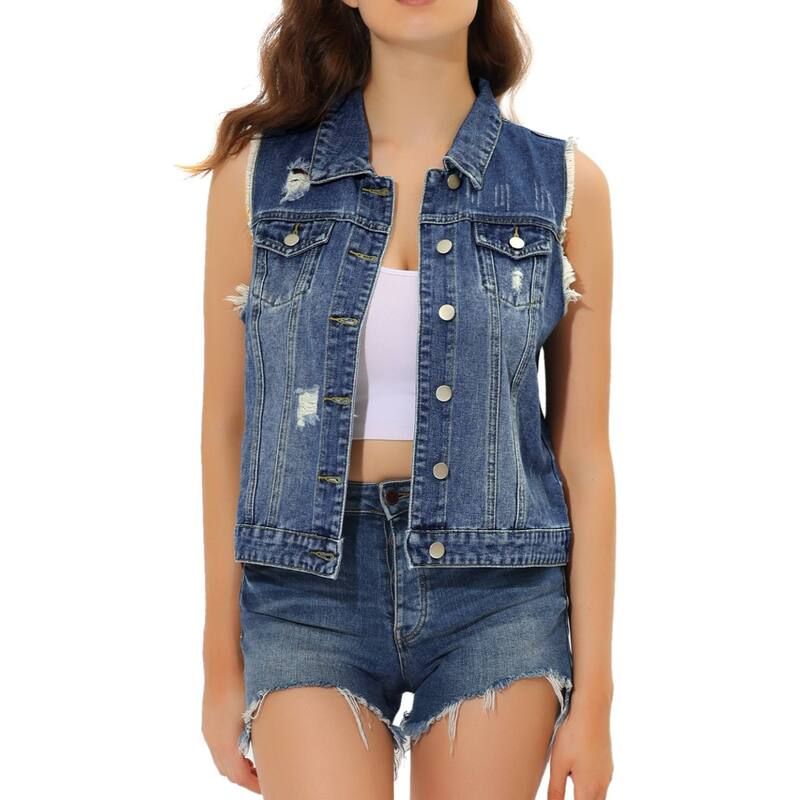 アレグラ ケー レディース アウター ジャケット・ブルゾン ベスト ダウン デニム ALLEGRA K Womens Turn Down Collar Button Denim Washed Vest Blue ブルー