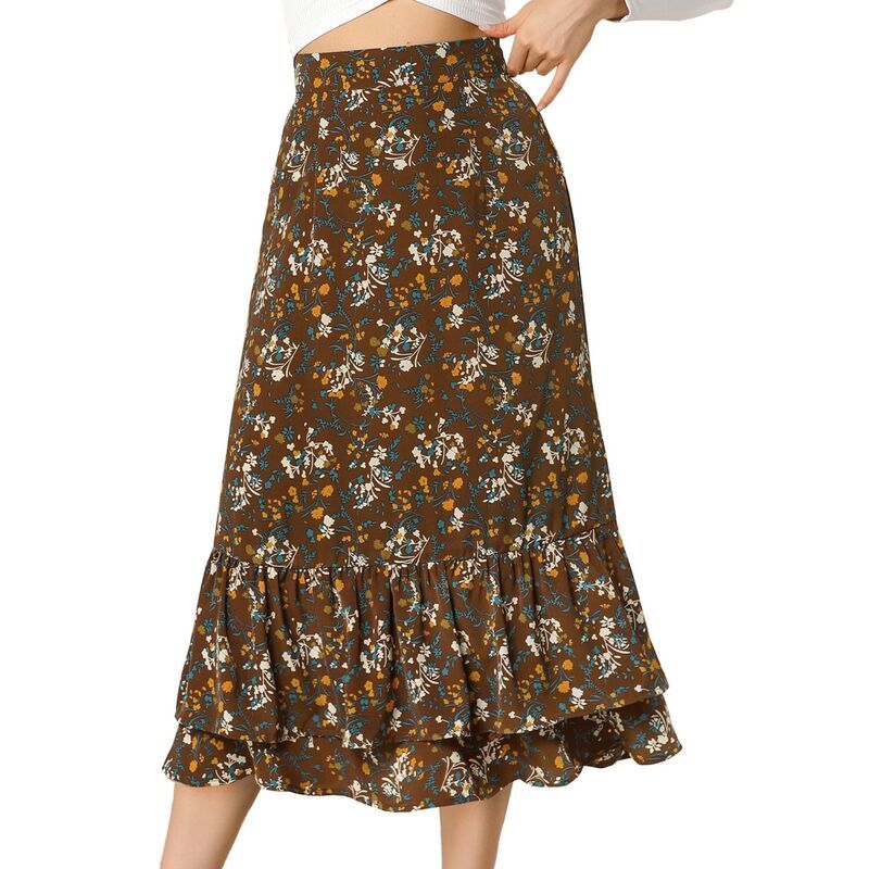 アレグラ ケー レディース ボトムスカート フリル裾 フラワー柄 プリント フリル ミディ フラワー ALLEGRA K Womens Floral Print Elastic Waist Ruffle Hemidi Skirt Brown Floral ブラ