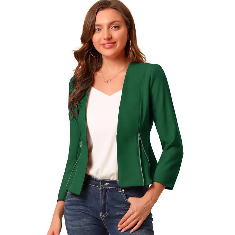 アレグラ ケー レディース アウター ジャケット・ブルゾン クロップド ブレザー ALLEGRA K Womens Workwear Zipper Collarless Cropped Blazer Green グリーン