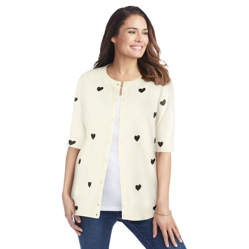 ウーマン ウィズイン レディース アウター ニット・セーター プラスサイズ カーディガン Woman Within Plusize Perfect ElbowLength Sleeve Cardigan Sweater Ivory Black Heart アイ