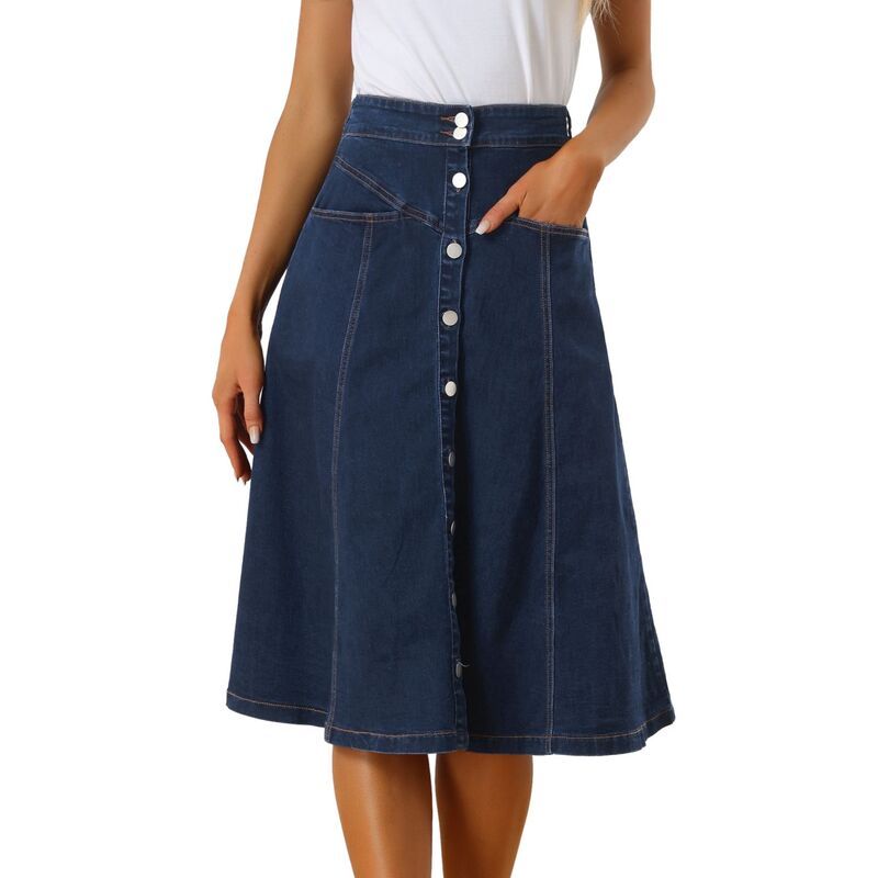 アレグラ ケー レディース ボトムスカート A ライン ハイウエスト ミディ ALLEGRA K Womens Buttons Front High Waistretchy Aline Flowy Midi Skirts With Pocket Dark Bl