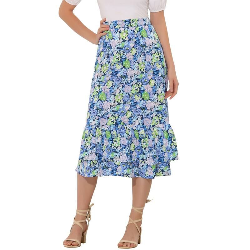 アレグラ ケー レディース ボトムスカート フリル裾 フラワー柄 プリント フリル ミディ フラワー ALLEGRA K Womens Floral Print Elastic Waist Ruffle Hemidi Skirt Navy Blue Flora