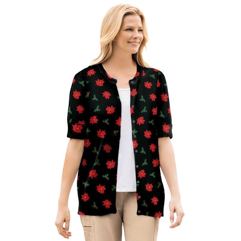 ウーマン ウィズイン レディース アウター ニット・セーター プラスサイズ カーディガン Woman Within Plusize Perfect ElbowLength Sleeve Cardigan Sweater Black Poinsettia ブラッ