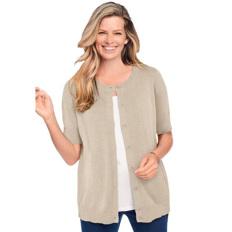 ウーマン ウィズイン レディース アウター ニット・セーター プラスサイズ カーディガン Woman Within Plusize Perfect ElbowLength Sleeve Cardigan Sweater Natural Khaki カーキ