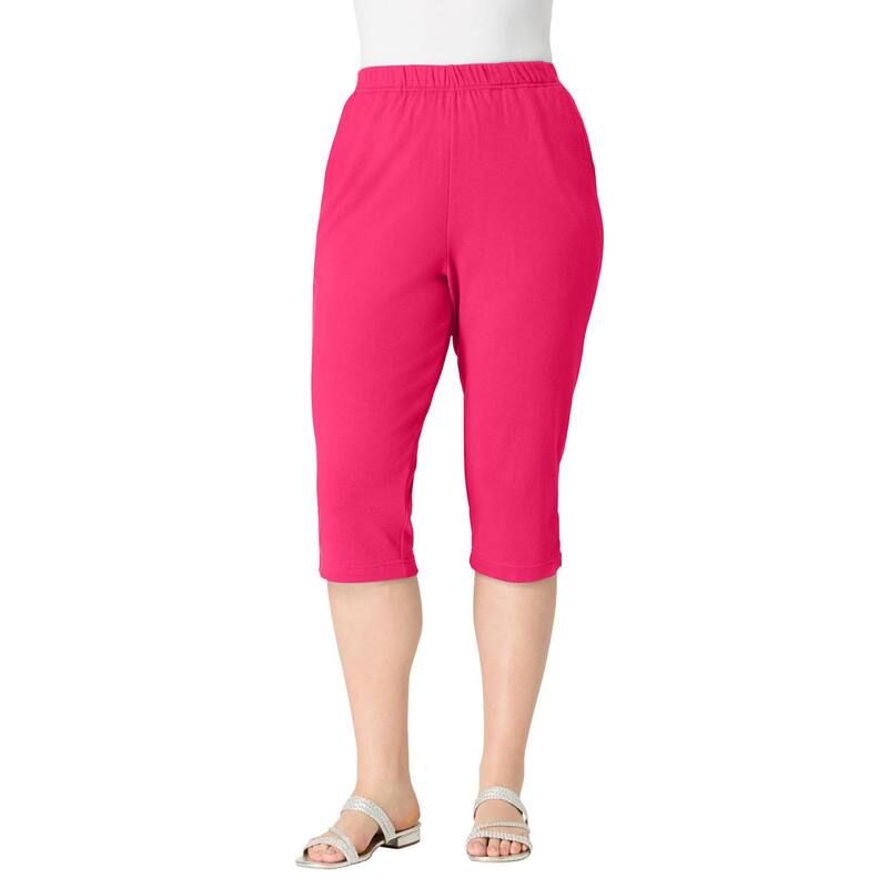 ロアマンズ レディース ボトムス カジュアルパンツ プラスサイズ キャップ ニット Roamans Womens Plusize Soft Knit PullOn Capri Pant Pink Burst ピンク